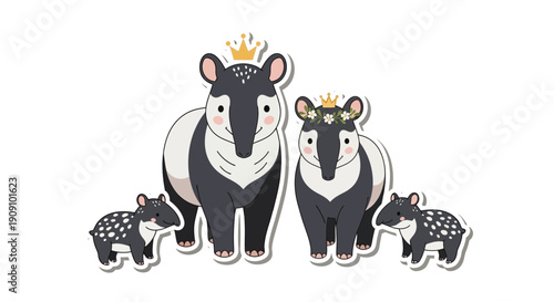 Charming Tapir Family Illustration With Crowns, Cute Woodland Creature