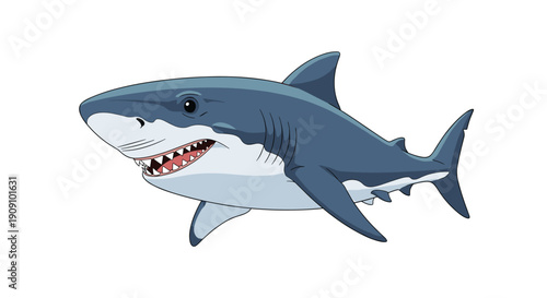 Large great white shark with a powerful body and sharp teeth swimming through the deep blue ocean water.