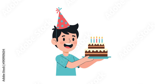 Happy young boy wearing a colorful party hat and holding a two-tiered chocolate birthday cake with burning candles.