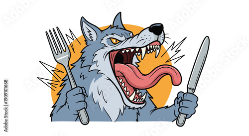 Fierce and hungry grey wolf character with its mouth wide open holding a silver fork and knife ready to eat a meal.