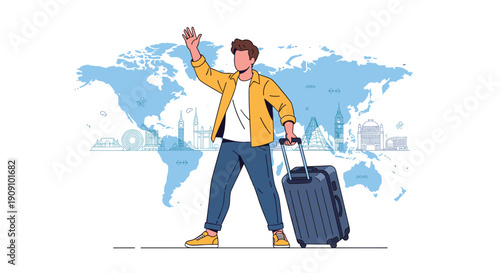 Young man traveler waving his hand and holding a suitcase in front of a blue world map with famous landmarks.