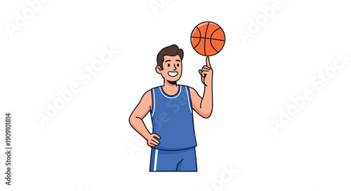 Young male basketball player in a blue uniform skillfully spinning an orange basketball on his finger while smiling confidently at the viewer.