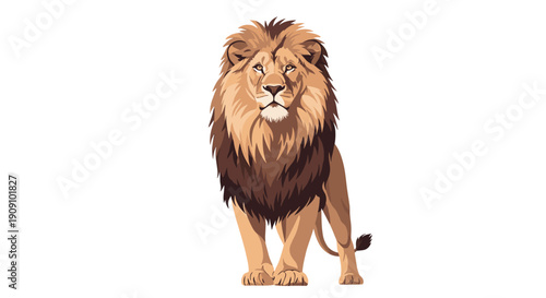 Majestic adult male lion with a thick brown mane stands tall and proud while looking directly at the camera with a serious and powerful expression.