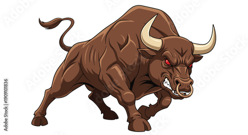 Powerful brown bull with large white horns and glowing red eyes charging forward in a state of intense anger and aggression on a white background.