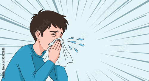 Young man in a blue shirt sneezing loudly into a white tissue while water droplets and motion lines illustrate the force of his sudden sneeze.