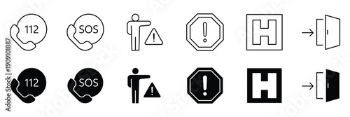 Emergency black line and solid icons. Accidents and safety emergency icon set. Medical healthcare emergency icons. 