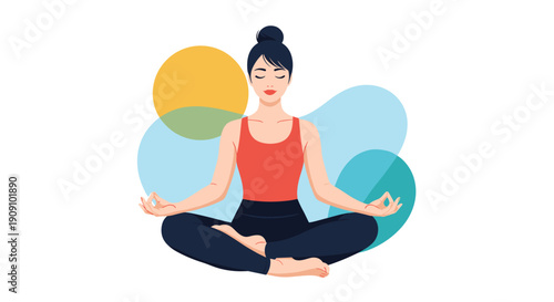 Calm young woman sitting in the lotus position while practicing yoga and meditation to achieve inner peace and physical wellness against a soft background.