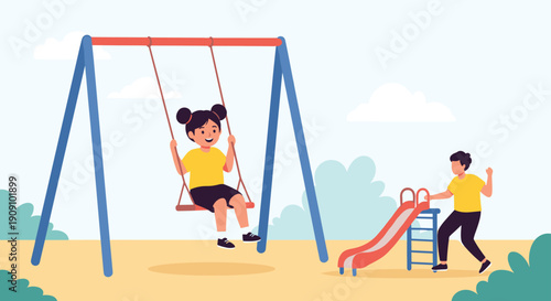 Happy little girl swinging on a swing set while a young boy plays nearby on a slide at a colorful outdoor park under a bright clear blue sky.