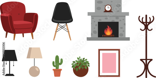 Home interior furniture collection set, armchair fireplace lamps plants decor elements, flat vector illustration icons, isolated background design