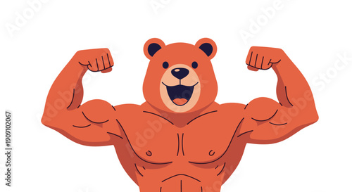 Powerful brown bear mascot with a extremely muscular body and defined abs flexes his arms to demonstrate strength, health, and physical fitness goals.