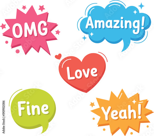 Colorful Comic Book Speech Bubbles: A Collection of Retro-Style Exclamations and Emoticons for Design Projects
