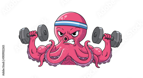 Strong pink octopus wearing a blue headband lifts heavy dumbbells with its multiple muscular arms to show determination and peak physical fitness.