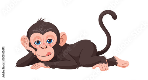Cute little baby monkey lying on its stomach with one hand supporting its head while sticking its tongue out playfully and looking forward.