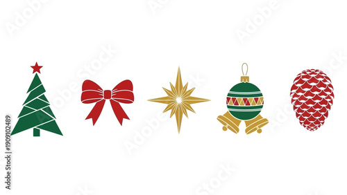 Christmas Icons: Tree, Bow, Star, Ornament, Pinecone - Festive Holiday Elements