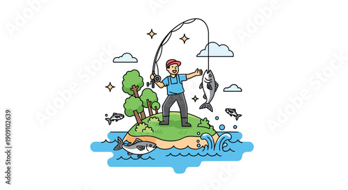 Happy man holding a fishing rod and standing on a tiny green island in the middle of a blue ocean with several fish jumping out of the water.