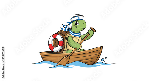 Sea turtle character dressed as a sailor with a hat and scarf rowing a small wooden boat across the blue ocean waves with a lifebuoy on board.