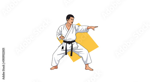 Determined male karate fighter wearing a traditional white gi and black belt performing a powerful martial arts punch in a ready fighting stance.