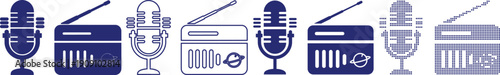 Media broadcasting equipment set featuring retro microphone and radio receiver icons for audio production projects