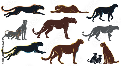 Cheetah Movement and Pose Sketches – Wild Cat Vector Illustration Set