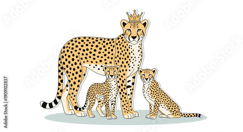 Family of cheetahs with a crown on the mother, cute wild cats illustration
