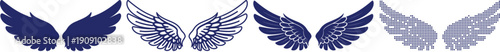 Pair of artistic wings illustrations with varied feather details and textures in solid outline and dotted styles
