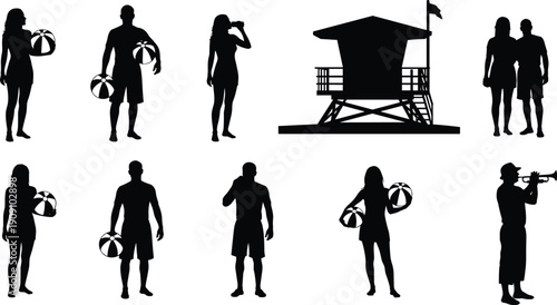 Summer beach people silhouette set, lifeguard tower scene, walking standing relaxing vacation vector illustration isolated bundle design clipart