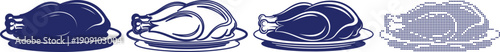 Roasted turkey on platter vector icons set showing various styles including silhouette outline and halftone textures