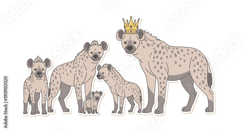 Cute cartoon hyena family with a crowned king and queen hyena