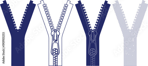 Zipper icons set clean solid silhouette outline stylized variations for clothing fastening or opening closure design