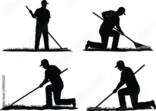 Silhouette of man working in garden with rake, kneeling and standing positions, lawn care, grass maintenance, landscaping, outdoor yard cleaning, gardening tools, nature work