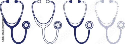 Collection of four stylized stethoscopes showing different design elements for medical and healthcare purposes