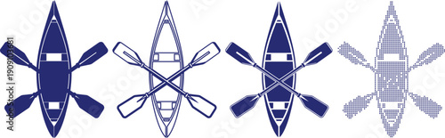 Canoe and paddles rowing boat for water sports and outdoor adventure, filled and outline vector
