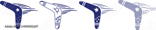 Boomerang returning throwing weapon for sport and game, filled and outline with stars
