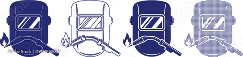 Set of four welding mask and torch icons, depicting different styles of industrial work, with one in a pixelated design