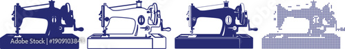 Vintage sewing machine icons showing classic tailoring equipment for garment production and hobbyist fashion crafts