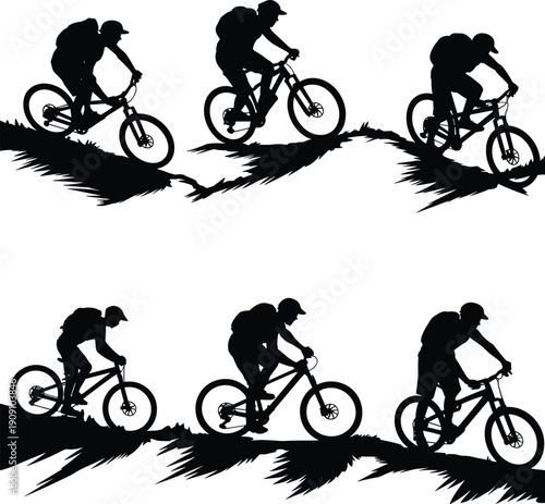 Mountain biker downhill ride sequence, cycling silhouette on trail, extreme outdoor sport illustration, MTB adventure vector, action motion biking graphic