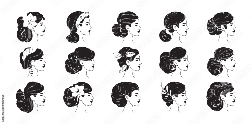 Fototapeta premium Set of female hairstyles in profile. elegant women heads with floral decor in hair salon