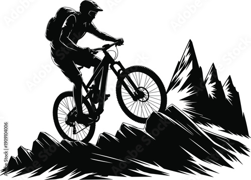 Mountain biking adventure silhouette, cyclist climbing rocky terrain, extreme outdoor sport, MTB rider vector, trail challenge, high altitude biking illustration