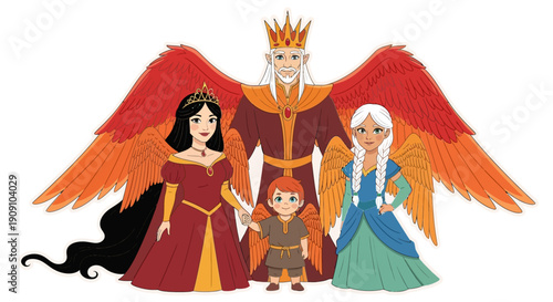 Fantasy Royal Family with Angelic Wings, Regal Attire, and Royal Crowns