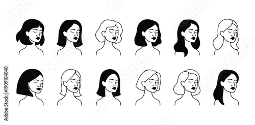 Three quarter view female portraits collection for minimalist beauty and cosmetic branding