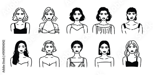 Frontal female avatar sketches collection featuring diverse hairstyles and trendy fashion art