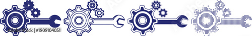 Gears and wrench vector illustration in four different styles with a dotted halftone effect vector icon work