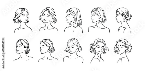 Artistic hand drawn woman portraits set featuring different perspectives for creative design