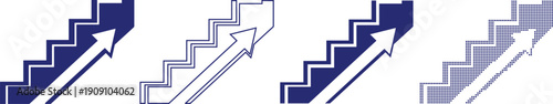 Staircase with an upward arrow vector illustration in four different styles with halftone effect vector icon