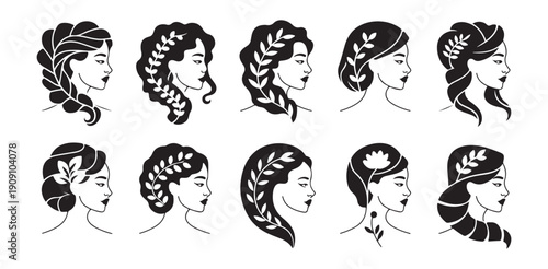 Set of female hairstyles in profile. elegant women heads with floral laurel wreaths in hair