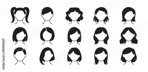 Minimalist woman hair silhouette set vector illustration girl avatar hairstyle icons design