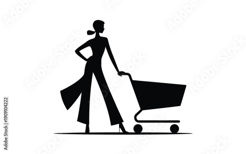 Minimalist black vector illustration of a woman pushing shopping cart on white background symbolizing retail therapy and consumerism