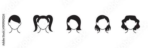 Set of five black and white female head and hairstyle icons front view