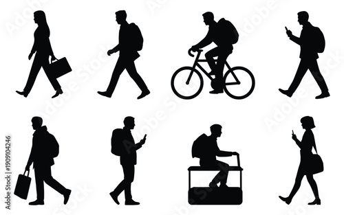 Silhouette illustrations of people commuting to work in various modes of transportation and daily activities