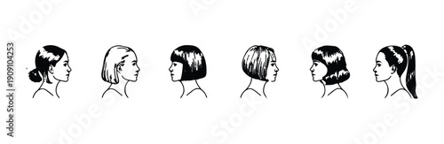 Six black line drawings illustrating women hairstyles side profiles minimal style